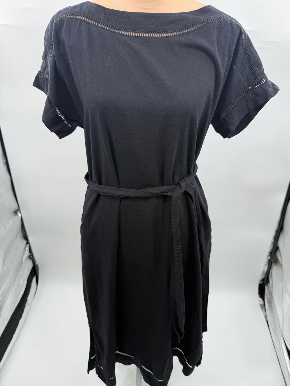 Ann Taylor Linen Blend Dress Small Black Belted Ladder Lace Lined Shift Summer